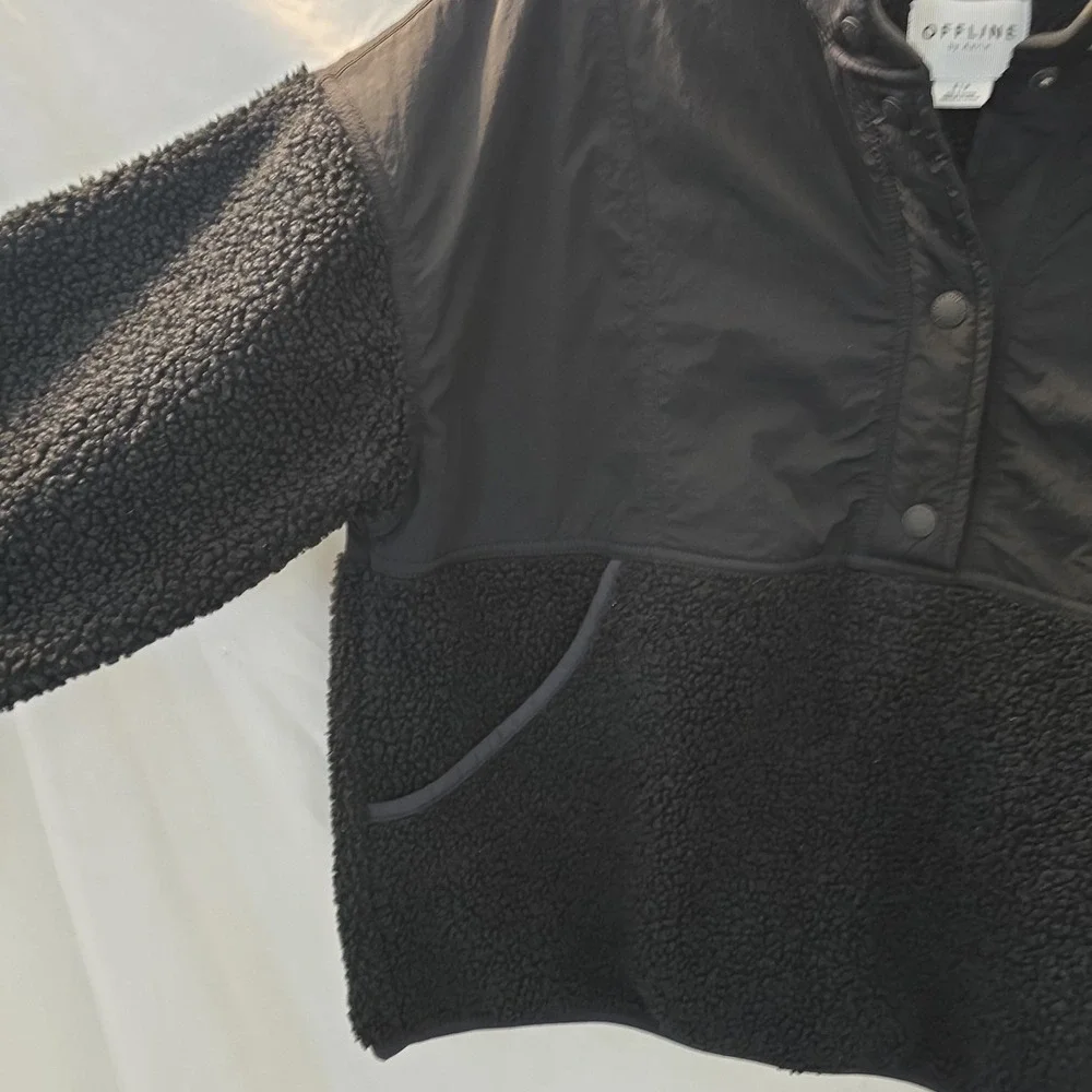 Offline By Aerie Fluff Love Quarter Snap Sherpa Jacket Black Size S - Picture 2 of 12